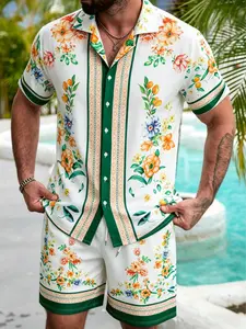 Men's Hawaiian Matching Set Summer Beach 2 Piece Outfits Flower Button Down Shirts and Shorts Vacation Outfits