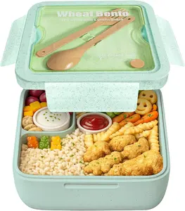 GreenLunch Bento Wheat Straw Lunch Box with 2 Compartments, Green – Large Bento Box for Kids and Adults with Fork & Chopsticks, Reusable Food Storage Container for Kids for School, Traveling & Picnic