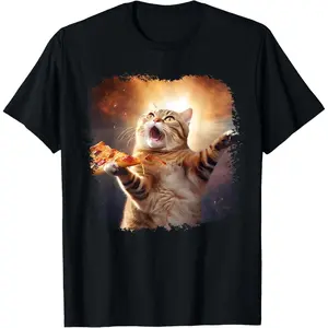 Cotton Streetwear Graphic Tees Casual Round Neck Shortsleeve Fashion Space Cat Pizza Cat Galaxy Cute Kitty In Space Pizza Lovers T-Shirt