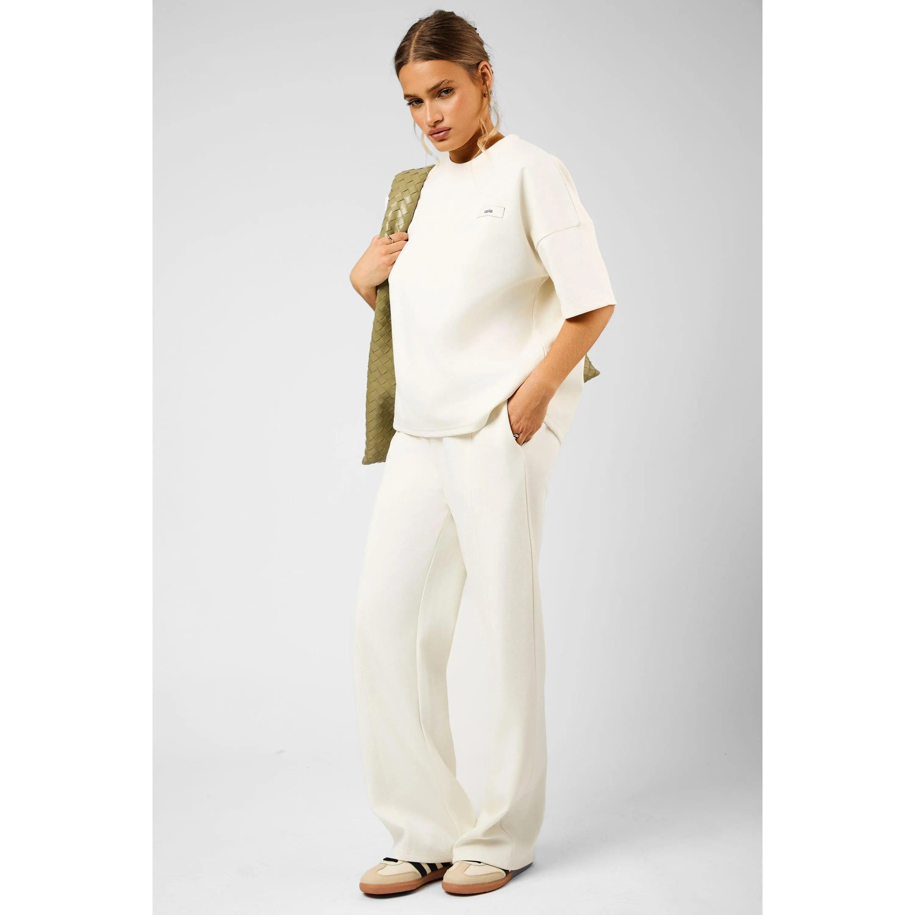 Kaiia Label Logo Premium Modal Seam Detail Wide Leg Joggers Cream