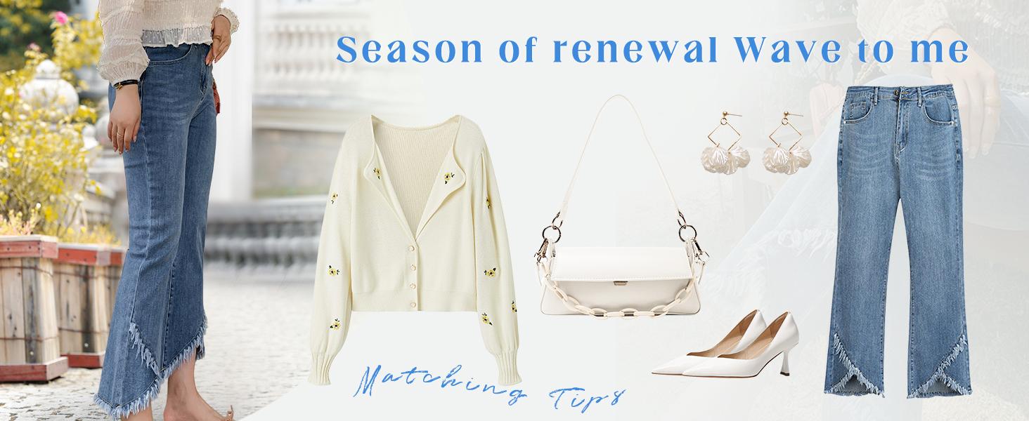 CHARTOU Women Cute Stretch Denim Jeans Ripped Distressed Frayed Hem Denim Pants Tassel Fringe Cropped Jeans