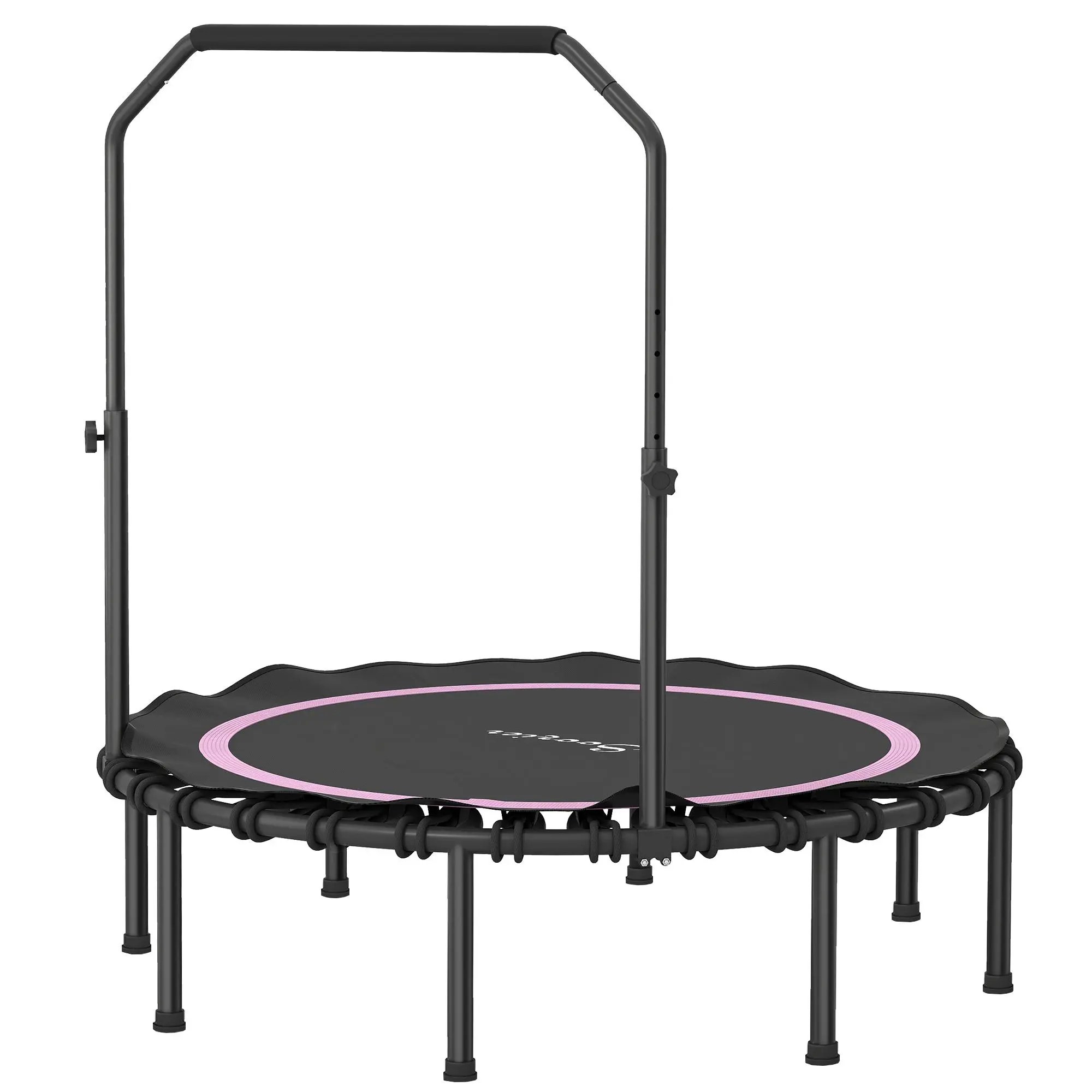Quiet joint protective foldable mini trampoline with five level adjustable U shaped handle and bungee cord bounce structure ideal for teenagers indoor aerobic training