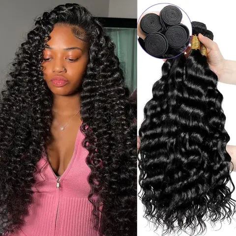 [Ashine] 100% Brazilian Virgin Remy Black Hair Set - 10A Double Weft Raw Bundles, Thick Hair Extensions, Curly Sew-In (Water Wave, Kinky Straight, Deep Curly), Dye & Bleach Ok