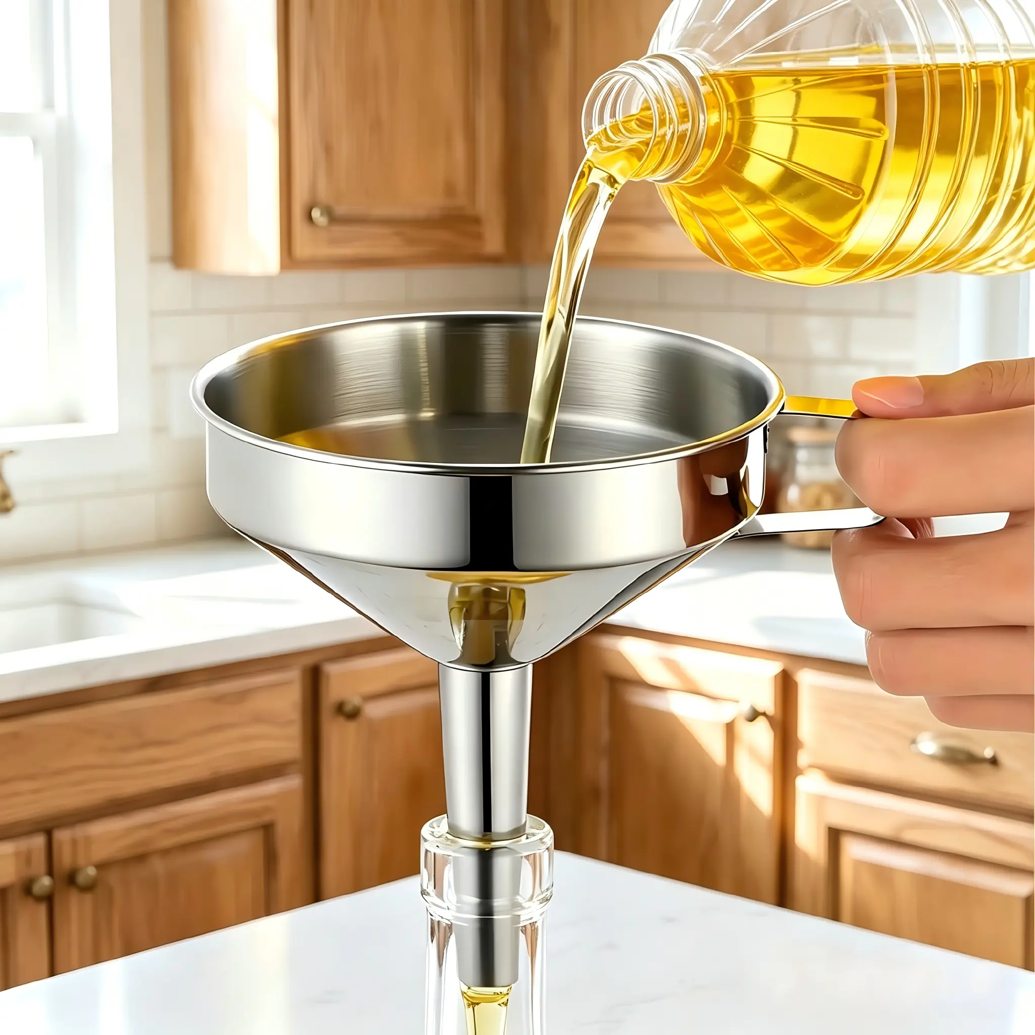 Funnel with Strainer Mesh for Oil Filtering – Thickened Large-Diameter Household Pouring Device, Multi-Purpose Layered Filter Funnel for Kitchen Use, Ideal for Filtering and Dispensing Homemade Fruit Wine.