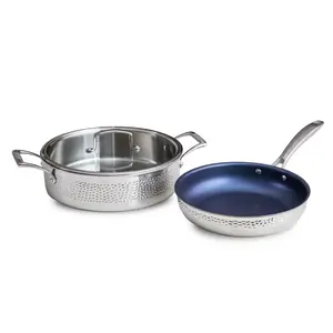 Blue Jean Chef 3-Piece Stainless Steel Cookware Set - 10" Skillet & 11.5" 4.9QT Sauteuse with Lid - Oven Safe, Non-Stick Coating, Tri-Ply Construction, Hammered Exterior