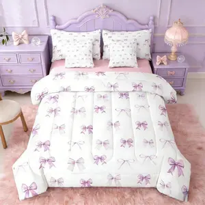 Bow Bedding Set,7 Piece,Purple Bowknot Comforter Set,for Kids Girls Adult Bedroom Decor,Bows Tie Bed in A Bag Dreamy Princess Style Sheet Set,Bow Decor for Girls Room
