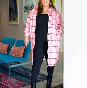 Pretty in Pink Flannel Shacket - Casual  with Button Front, Long Sleeves, and Plaid Pattern for Women