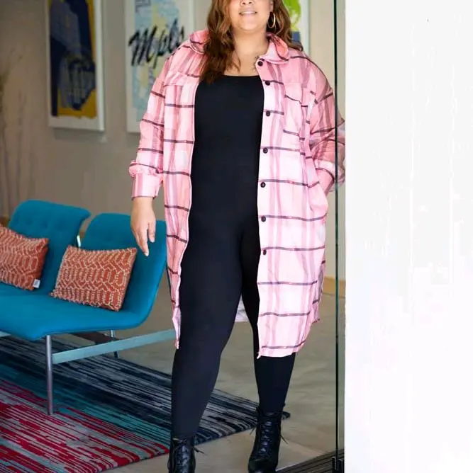 Pretty in Pink Flannel Shacket - Casual  with Button Front, Long Sleeves, and Plaid Pattern for Women
