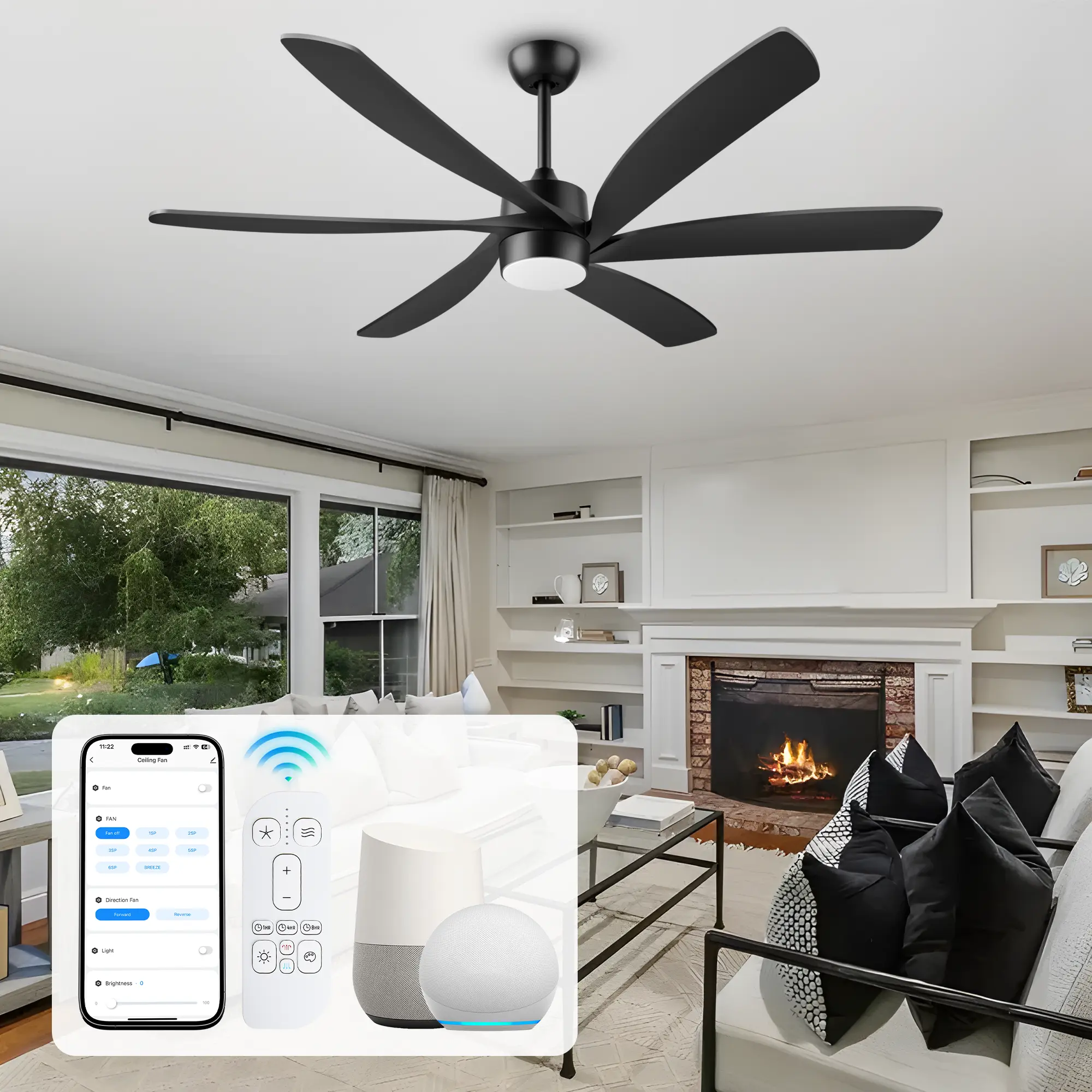 64 Inch Quiet Smart Ceiling Fan with Light, Outdoor Waterproof Patio Fan Alexa APP Remote, 6 Blade DC Motor Modern Industrial Ceiling Fan for Bedroom Living Room Porch