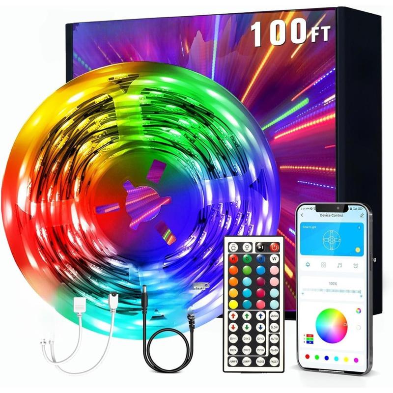 LED Strip Lights 100ft Smart Lighting with App Remote Control RGB LED Lights for Bedroom Music Sync Color Changing Home Decor Party 1 Roll Easy Installation Timer Function