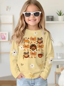 Long-sleeved crewneck drop-shoulder sweatshirt top T-shirt with digital printing of yellow background, pumpkins and turkeys. It is a long-sleeved T-shirt clothing for girls in spring and autumn, made of 100% polyester, and the best gift for girls.
