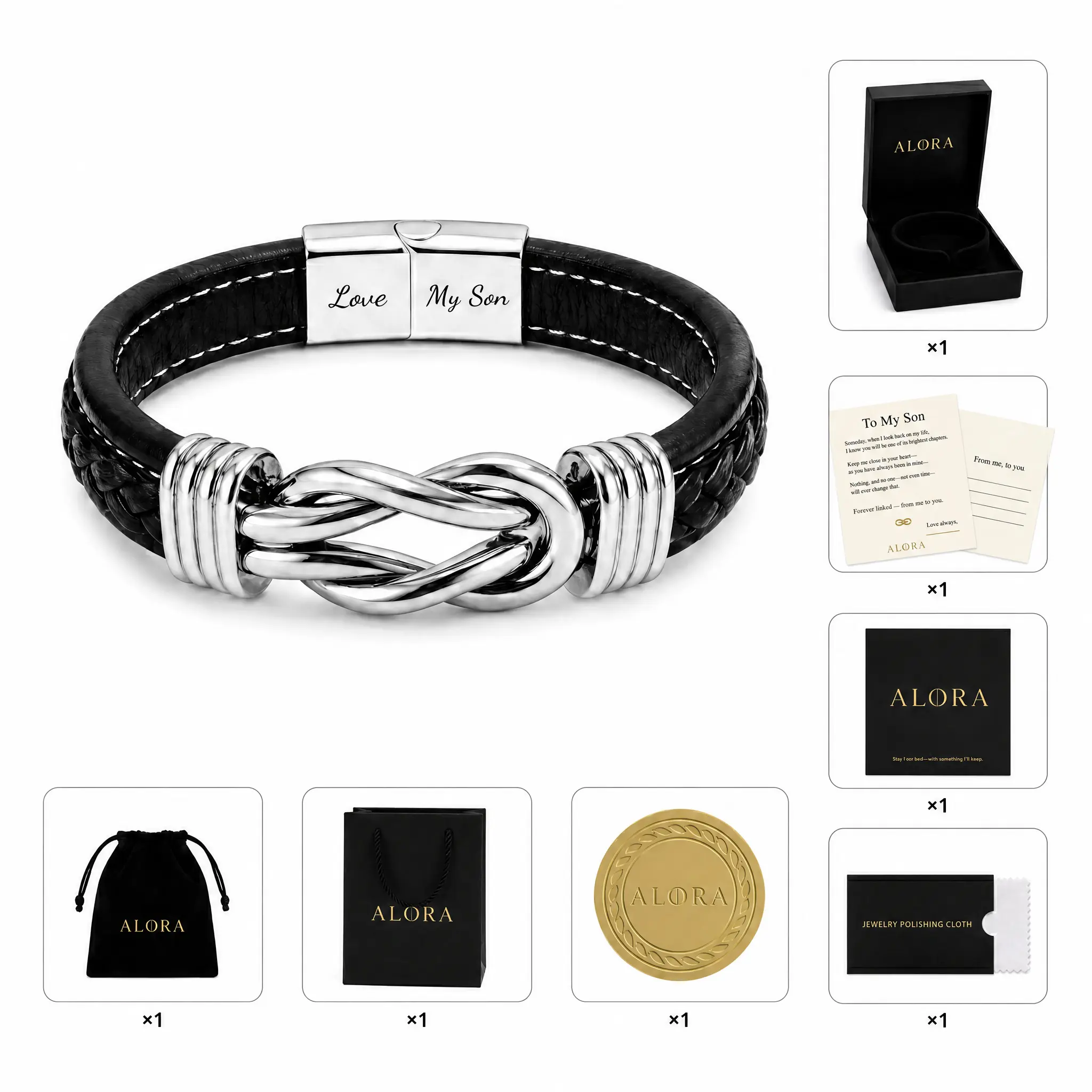【ALORA】2026 To My Son Bracelet Infinity Knot Gift Set, Forever Linked Genuine Leather Stainless Steel Engraved Jewelry Magnetic Clasp Mens Bracelet Gift from Mom Dad Gift Box Birthday Christmas Fathers Day Graduation
