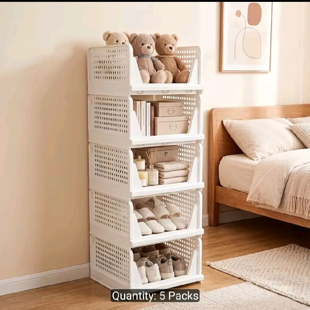 5pcs Foldable Large Capacity Storage Rack, Stackable Space-saving Plastic Closet Organizers Box for Clothing, Spice Jars, Food, Cosmetic, Kitchen Organizers And Storage, Shelf Baskets