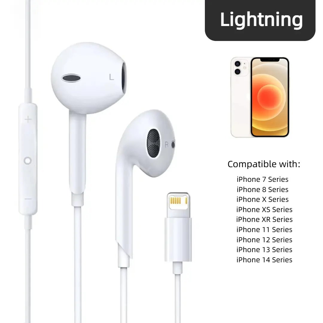 Lightning Connector Wired Earbuds for iPhone, In-Ear Wired Earphones with Built-In Remote Control, Support Music Playback, Phone Calls & Volume Adjustment, Plug and Play