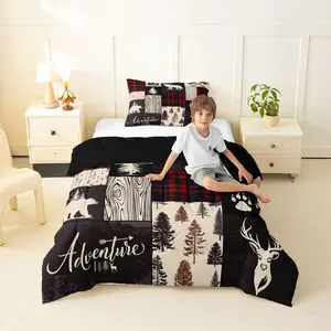 Retro Cabin Lodge Comforter Set,Wolf Plaid Patchwork Bedding Set for Boys Teens Adult Men Woodland Wildlife Bear Trees Bedding Comforter Set,Country Farmhouse Deer Quilt,Red Black
