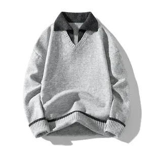 Men's Retro Gray Knit Sweater, Polo Collar V-Neck Color Block Casual Oversized Pullover