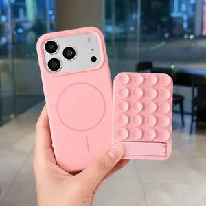 Soft Silicone Phone Case with Built-in Stand & Suction Cup For iPhone 17 16 15 14 13 Pro Max, Flexible TPU Bumper Shockproof Anti-Scratch Protective Phone Cover