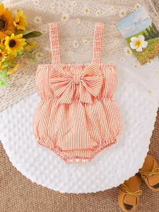Cute Baby Girl Striped Bow Triangle Onesie, Casual Fitted Romper, Spring & Fall Fashion, Plain Pattern, Stripes Print Bodysuit, Baby Clothing