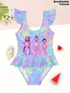 Dreamy Princess Print Jumpsuit Swimsuit for Girls, Cute Ruffle Design, Rainbow Sequins, Comfortable Sleeveless Swimwear