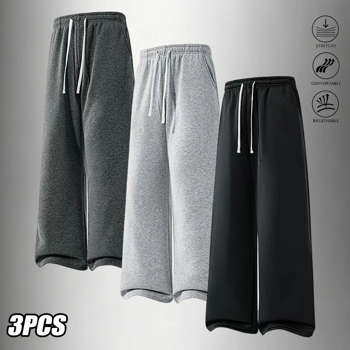 3-Pack Men's Elastic Waist Straight-Leg Casual Pants, Adjustable Drawstring, Loose Fit, Wide-Leg Trousers, Multi-Occasion Everyday Wear, Loungewear, Athletic Pants with Side Pockets
