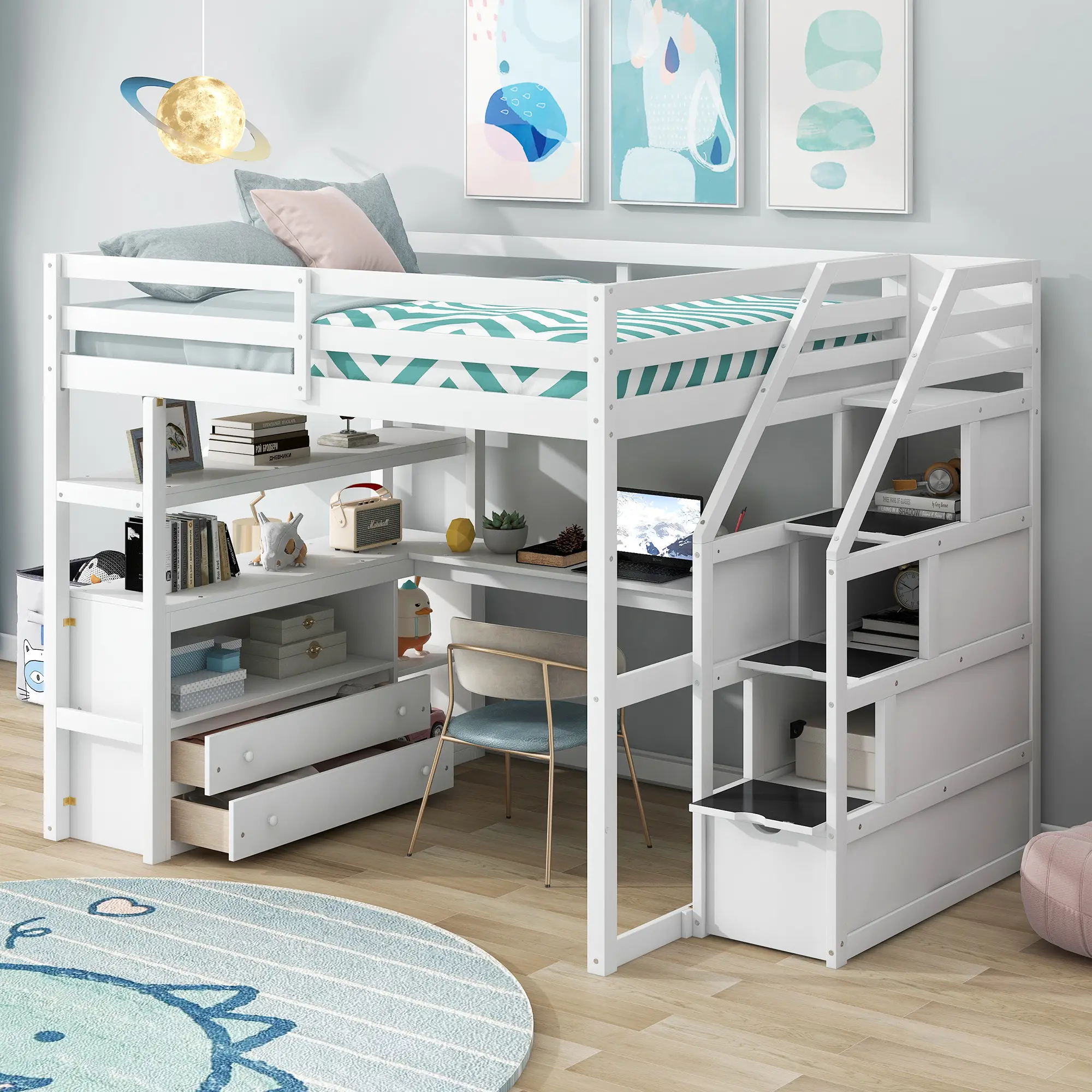 White Full-Size Loft Bed with Desk, Shelves, Storage Staircase, and Two Built-In Drawers – Solid Pine Frame