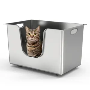 Ptlom High Side Stainless Steel Cat Litter Box Extra Large Anti-Leakage Easy Cleaning with 13.8-inch High Edges & Open-Top Design for Pet Health