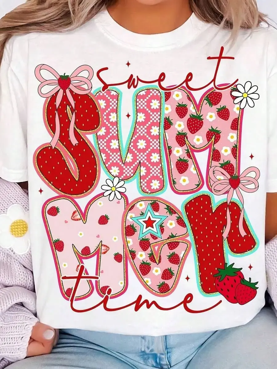 Women's Sweet Summertime Strawberry Print T-Shirt Round Neck Short Sleeve Regular Fit