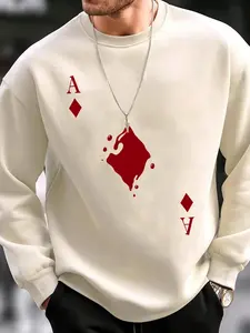 Men's Loose Graphic Poker Print Drop Shoulder Sweatshirt, Casual Soft Comfy Long Sleeve Round Neck Pullover for Fall & Winter, Men's Clothes for Daily Wear
