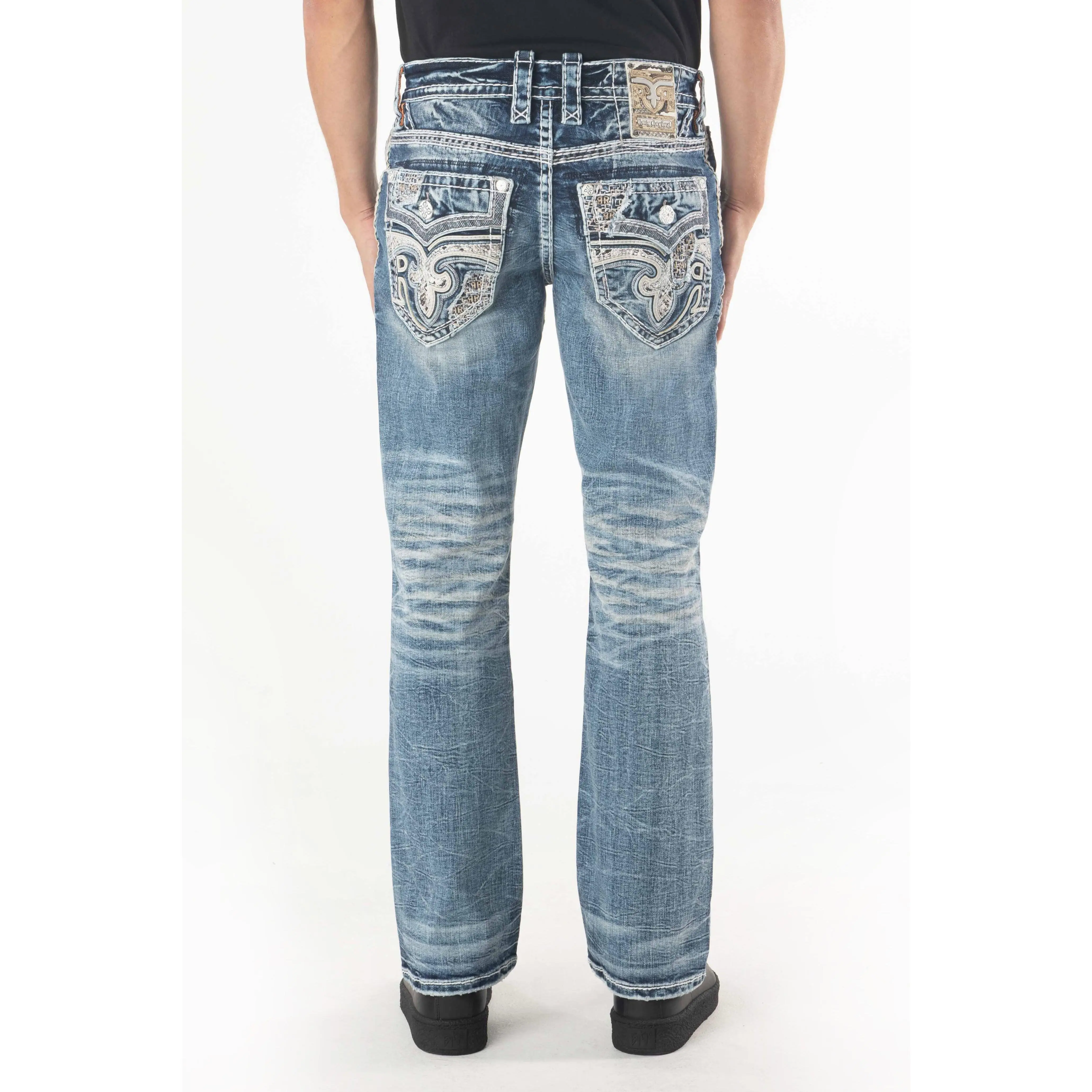 Rock Revival Men's McKay Bootcut Jeans - Medium Blue Stretch Denim, Signature Fleur-de-Lis Embroidery, Leather Patch - Menswear Casual Blue Denim Jeans Pants, Bootcut Men's Jeans, Casual Denim Jeans, Blue Washed Denim Men's Jeans