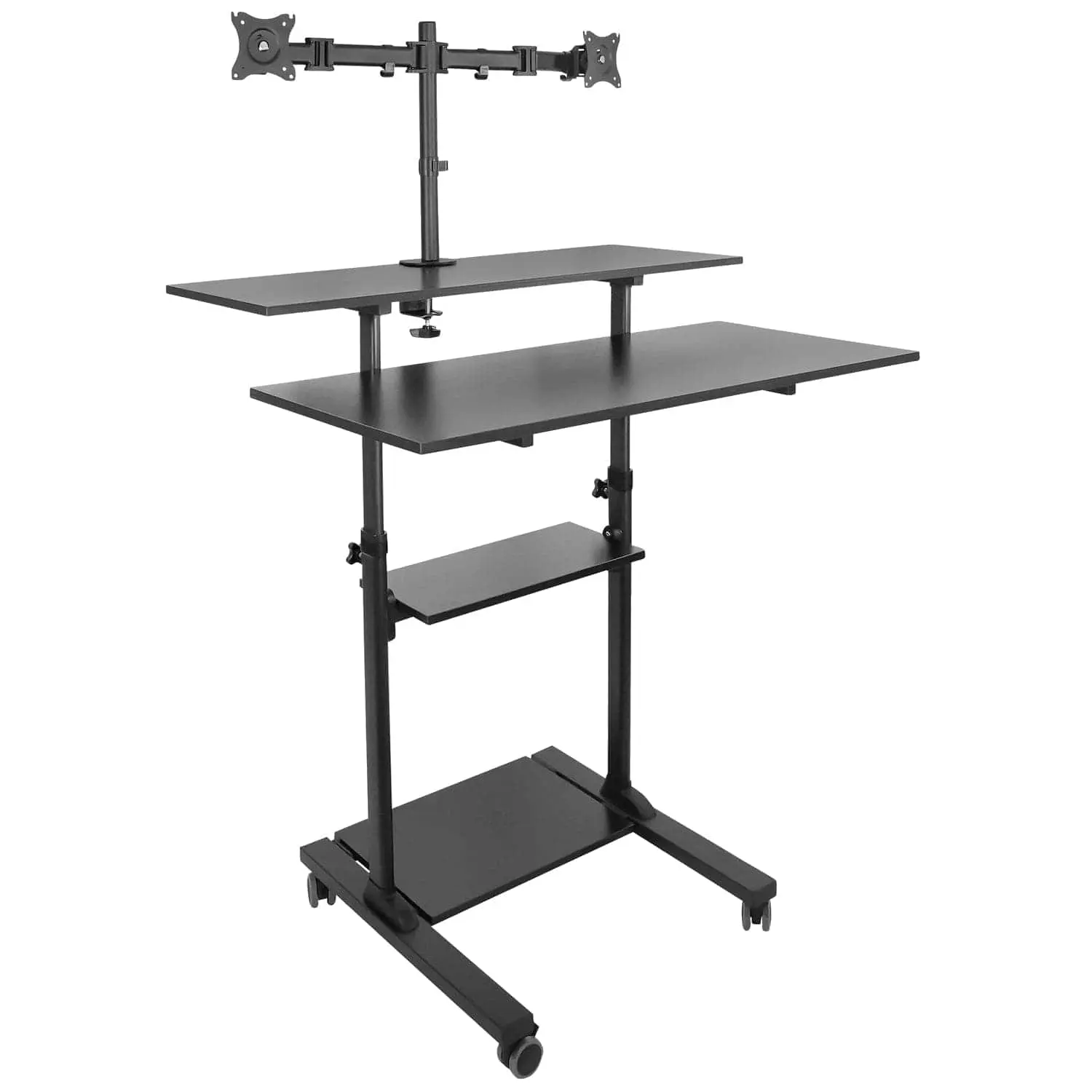 Mount-It! Height-Adjustable Rolling PC Stand Desk & Workstation - Metal Frame, 40" Wide Rectangle Tabletop, 4 Surfaces, Dual Monitor Arms, Monitor Shelf, Locking Casters, Commercial Office Furniture for Large Spaces, Classrooms