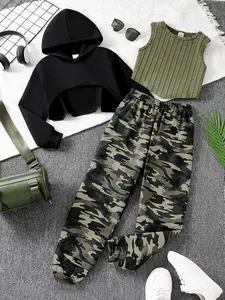 Three-Piece Set Girl's Plain Asymmetrical Hem Crop Hoodie & Crop Tank Top & Camo Print Elastic Waist Sweatpants Set, Casual Drop Shoulder Hooded Sweatshirt & Tank Top & Jogger Pants for Spring & Fall, Kids Clothes for Daily Wear, Grunge Girl Outfits