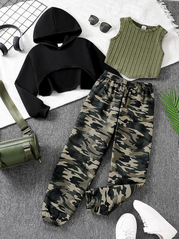 Three-Piece Set Girl's Plain Asymmetrical Hem Crop Hoodie & Crop Tank Top & Camo Print Elastic Waist Sweatpants Set, Casual Drop Shoulder Hooded Sweatshirt & Tank Top & Jogger Pants for Spring & Fall, Kids Clothes for Daily Wear, Grunge Girl Outfits