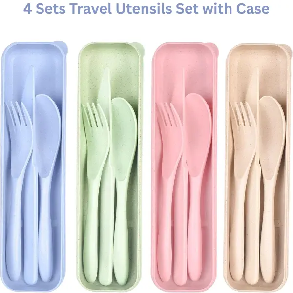 4 Sets Travel Utensils Set with Case, Reusable Wheat Straw Cutlery for Camping Independence