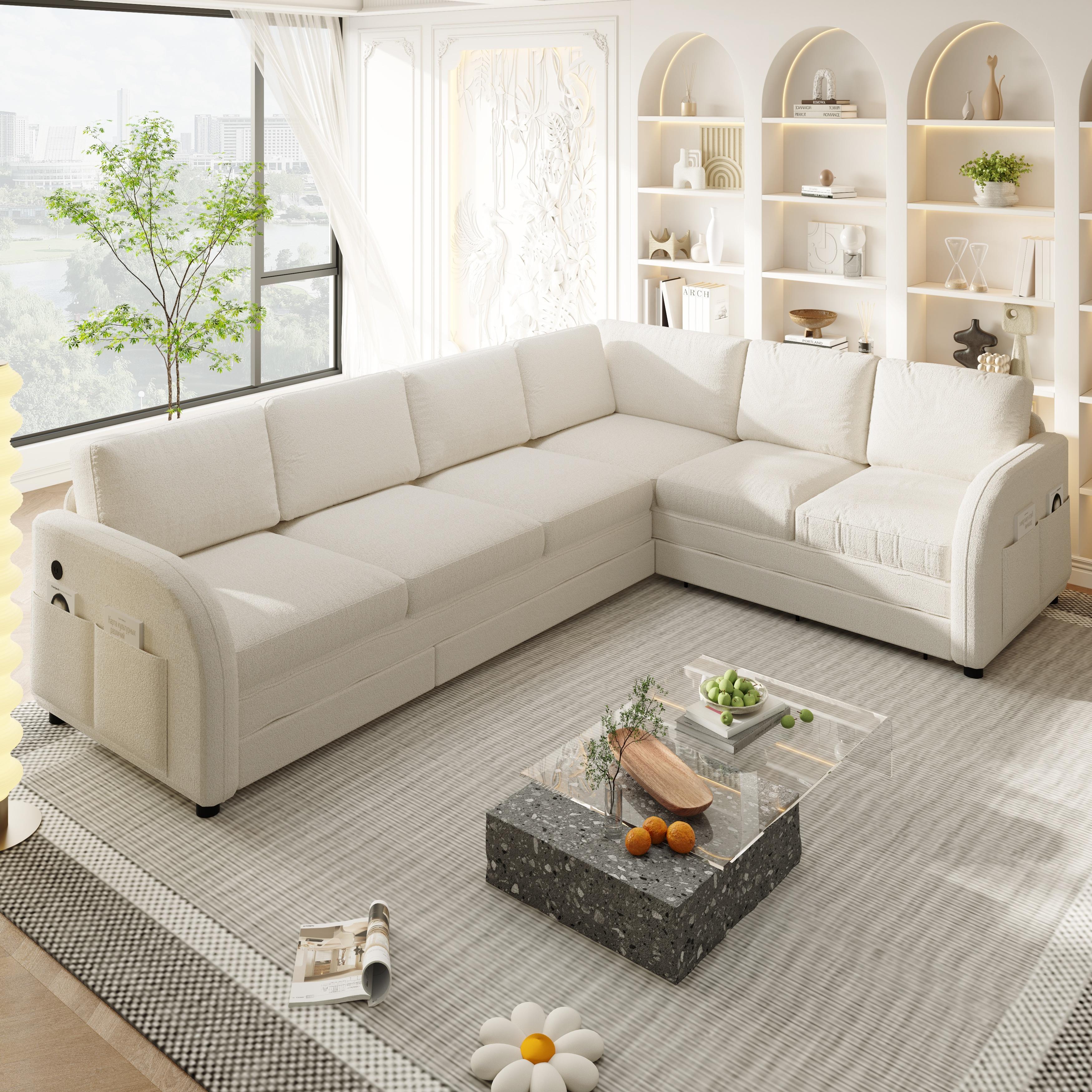 【3 Packages shipping】115.2" 6 Seat L-Shape Modular Couch with Pull-Out Bed,Oversize Convertible Sleeper Sofa with side Pocket & USB Port,Teddy Upholstered Sectional Couches,Convertible Sofa Lounge bed,For Apartment,Office,living room furniture