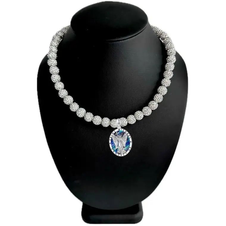 Iced Bling Disco Ball Rhinestone Pollyanna Beaded Baseball Drip Necklace + Silver Saint Michael "Protect Us" Pendant