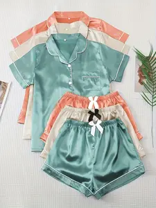 Satin Pajamas, Short Sleeve Lapel Buttons Top & Bow Shorts, Women'S Sleepwear