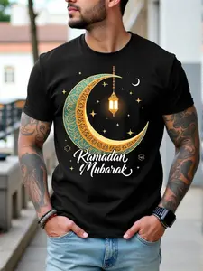 Men'S Ramadan Mubarak T-Shirt - Black Islamic Ramadan Graphic Tee with Crescent Moon, Lightweight Breathable Fabric for Ramadan, Eid, Everyday Casual Wear - Muslim Men'S Religious Apparel, Muslim T Shirt, Festive Clothing, Festive Design, Comfortable Fit,