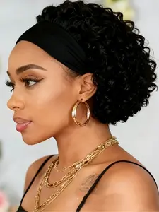 Jerry Curl Pixie Cut Headband Human Hair Wig 180% Density Short Curly Wig Rose Net Cap Beginners Friendly for Women Human Hair Wavy Wig