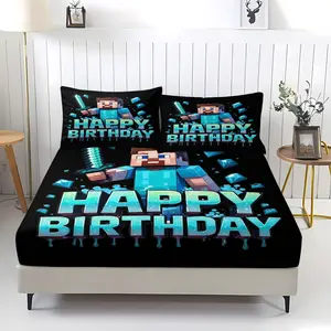 Game Pixel Robot Print Bed Sheet Set, Happy Birthday Text, Soft Digital Printed Bedding, Perfect for Gamers' Bedroom Decor, Includes 1 Fitted Sheet & 2 Pillowcases