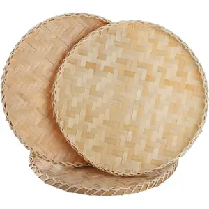 Handmade Bamboo Woven Weaving Pattern Basket Tray Round Flat Wicker Baskets, Shallow Food Storage Serving Trays Decorative Wall Hanging Baskets for Breakfast, Fruit, Snacks (Beige)