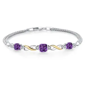 Gem Stone King 925 Silver and 10K Yellow Gold Purple Amethyst and White Lab Grown Diamond Bracelet For Women (2.14 Cttw, Gemstone February Birthstone, Cushion 6MM , 6.5/7/7.5 Inch, Made in Italy)