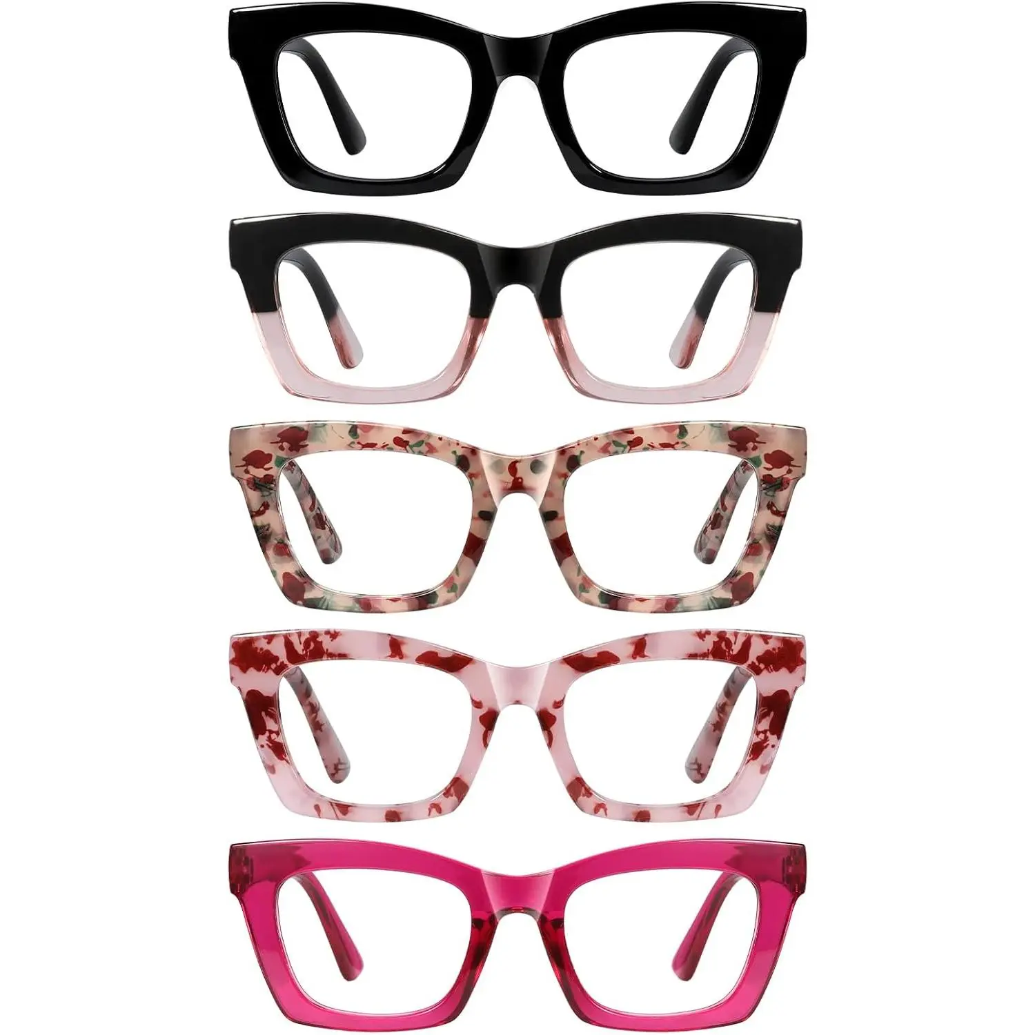 Female Full Rim Reading Eyeglasses - 5-Pack High Quality Square Frame +1.50 Diopter Blue Light Blocking Lens UV Readers with Spring Hinged, Optical Polishing, Anti-Slip Temple Tips for Working (Mix5), Square Frame Eyeglasses, High Quality Eyewear, Accesso