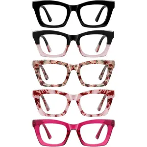 Oprah Reading Glasses for Women - 5Pack Square Fashion Readers for Women Blue Light Blocking with Spring Hinge (Mix5, 1.50x)