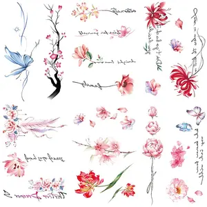6 Pcs Watercolor Floral Temporary Tattoos, Fake Tattoos, Waterproof Matte Finish, Butterfly Feather Lily Rose Designs, Adult Tattoo Stickers for Women