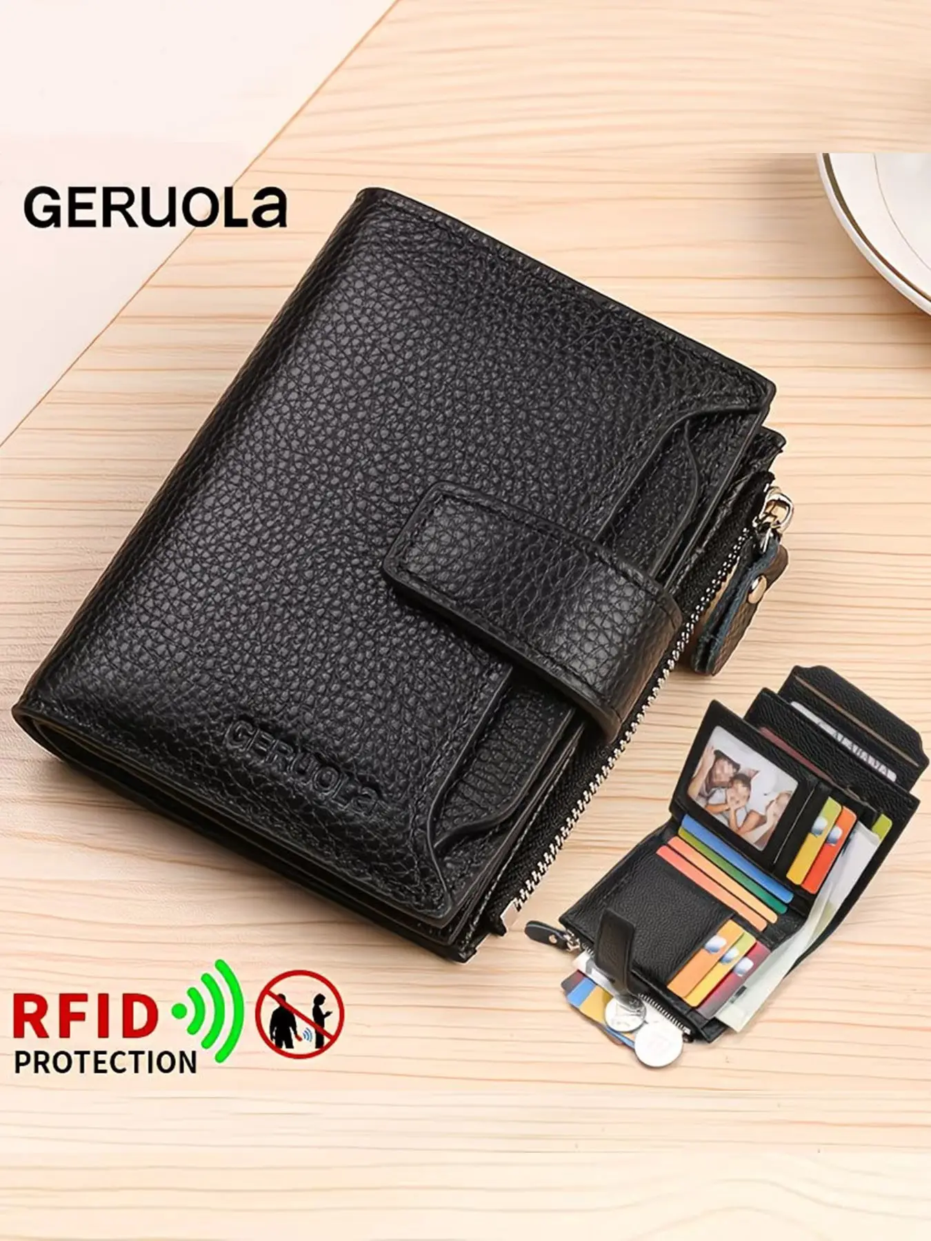 RFID Blocking Genuine Leather Durable Bifold Wallet, Multi-Functional Card Holder, Large Capacity Zipper Money Clip, Independent ID Pocket, Birthday Gift