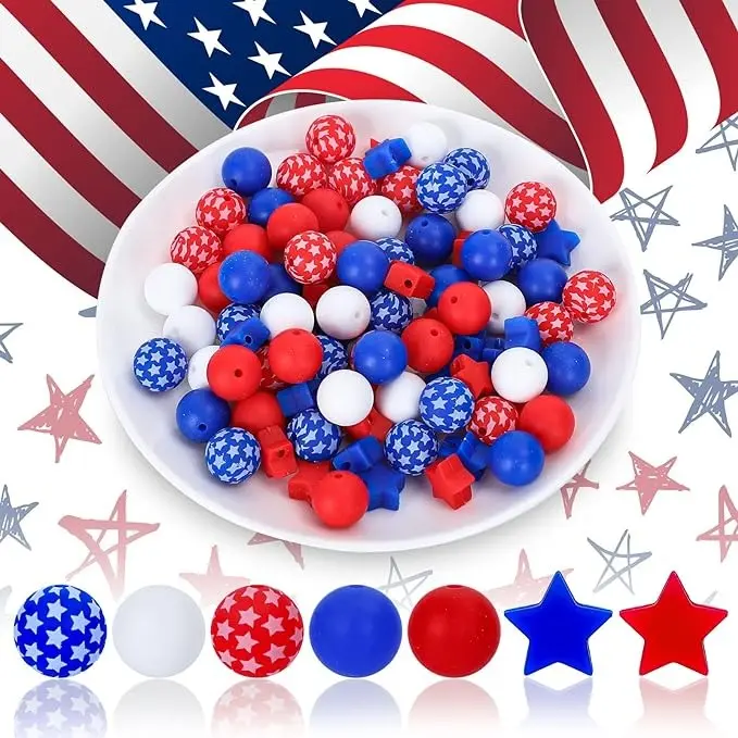 105Pcs Patriotic Silicone Beads with Elastic Rope 4th of July Silicone Loose Bead Red Blue White Round Beads Star Shape Spacer Beads for Independence Day DIY Crafts Jewelry Keychain Making