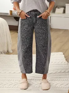 Women's Leopard Print Patchwork Loose Fit Casual Jeans With Pockets And Belt Loops,Casual Daily Fashion Street Banana Denim Jean/Barrel Leg/Barrel-Leg Jeans/Barrel Jeans, Barrel Overalls,New Leopard Print Jeans For Autumn And Winter, Gray Leopard Print