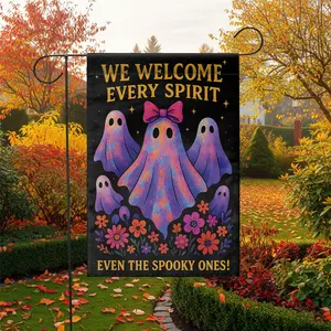 We Welcome Every Spirit Garden Flag, Cute Halloween Ghost Yard Decor, Inclusive Fall Porch Flag, Spooky Season Outdoor Banner