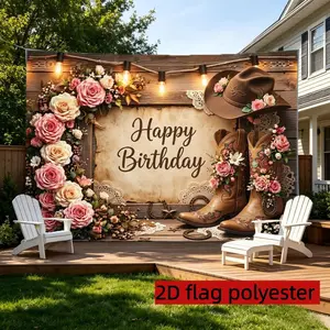 2D Flat 1PC Polyester Western Cowboy Happy Birthday Backdrop Vintage Rose Decor for Indoor & Outdoor Birthday Party, Country Gathering, Photo Booth, Wall Decor, Home Decoration, Event Background, Available in Multiple Sizes