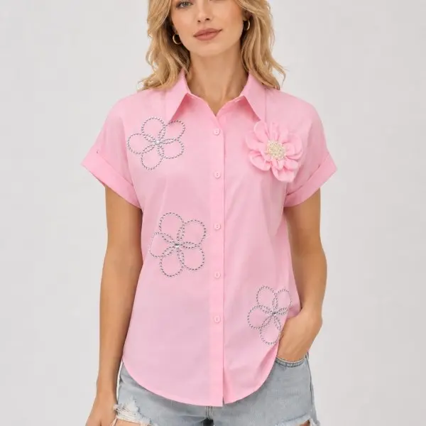 Cecilia920-RHINESTONE FLORAL BUTTON-UP BLOUSE